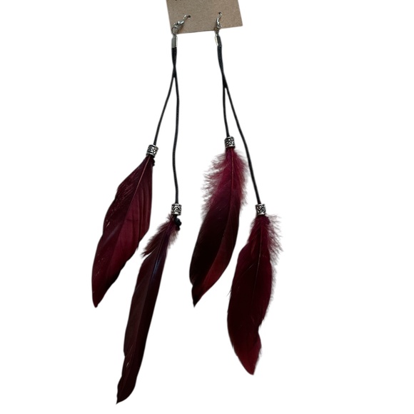 NEW Art of Nature Extra Long Burgundy Red Feather Beaded Earrings - Picture 1 of 4
